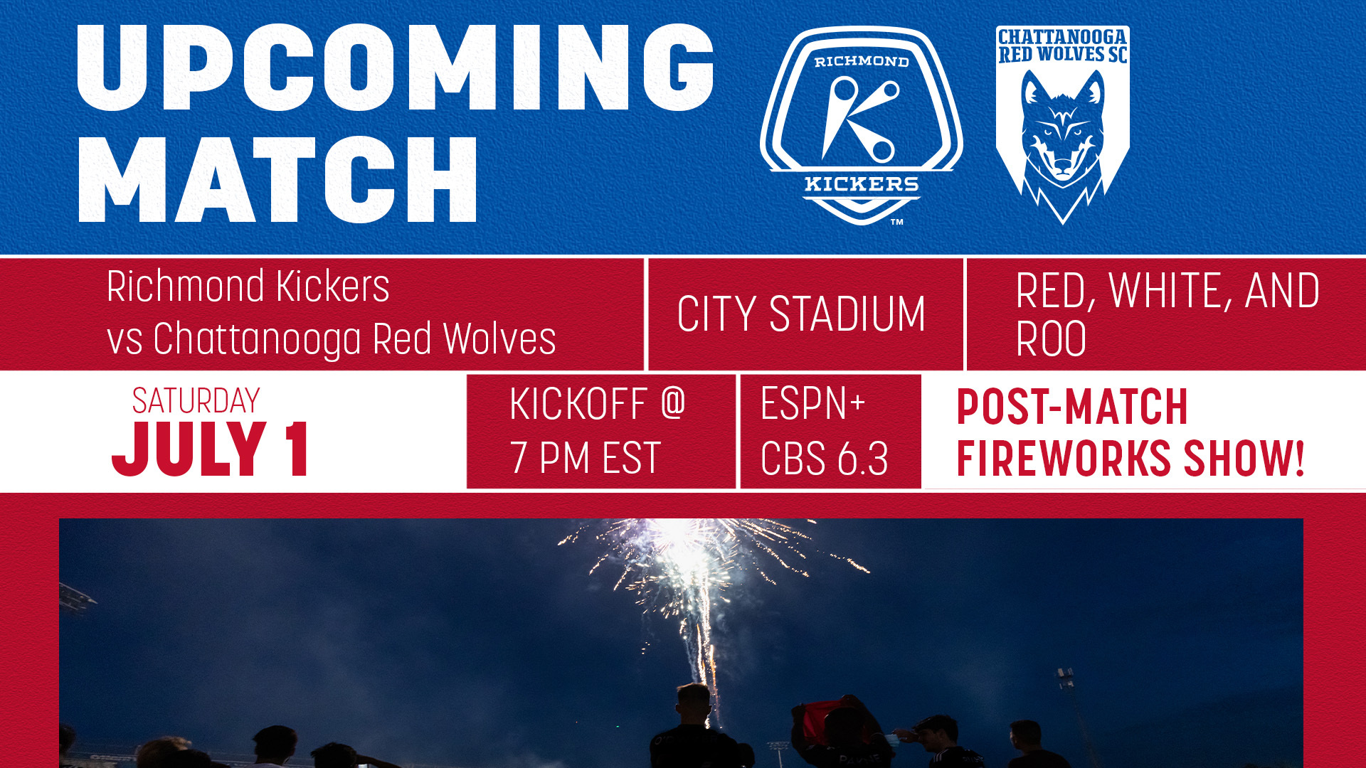 Upcoming match banner Kickers vs. Red Wolves