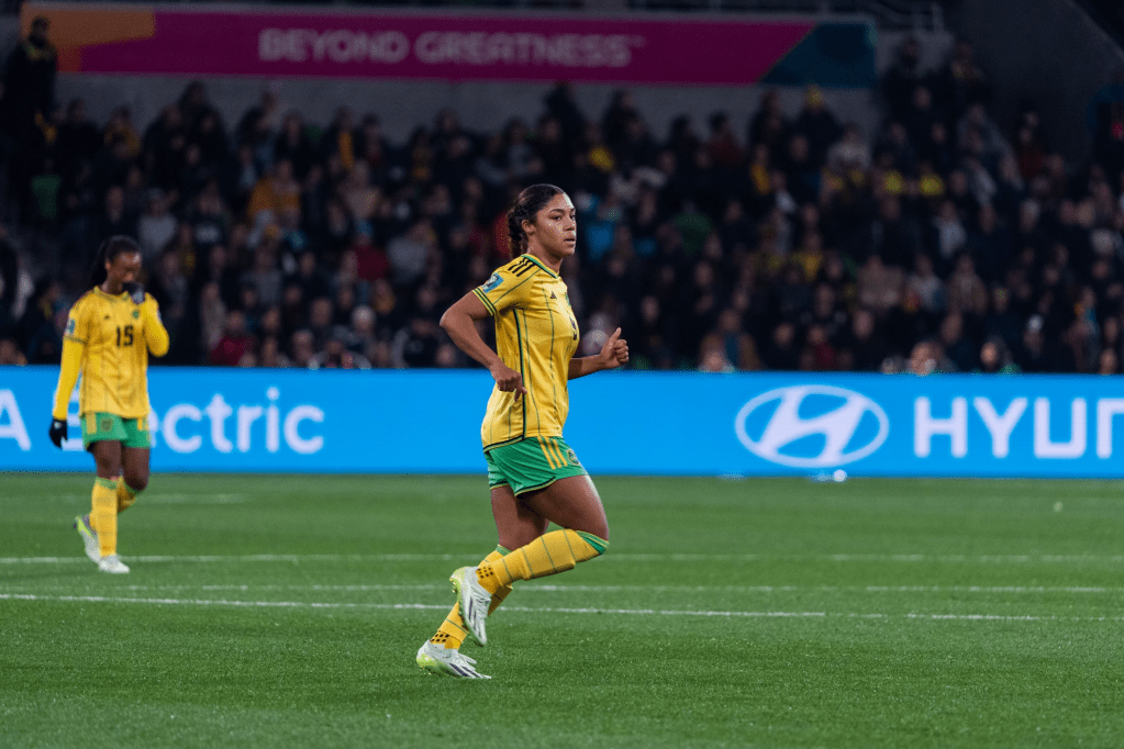 Kameron Simmonds runs downfield in a match for Jamaica. 